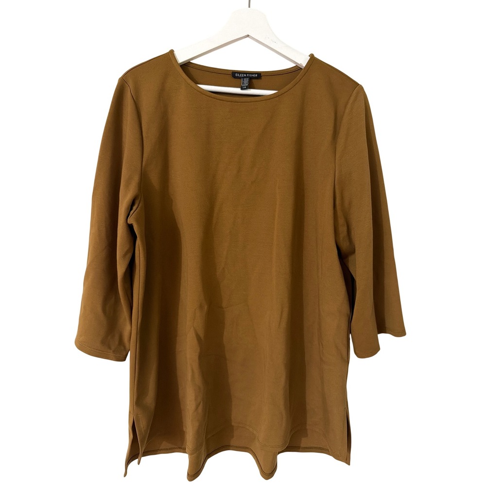 Eileen Fisher Brown Lyocell Blend 3/4 Sleeve Tunic Top Size L Made in USA